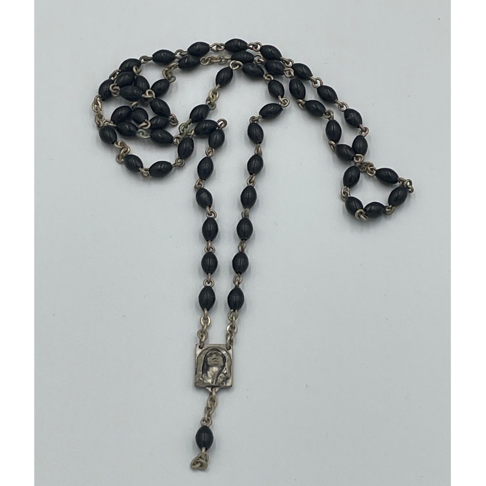 Vintage Black Bead Rosary Necklace Silver Tone Virgin Mary Sacred Heart Medal